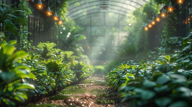 El invernadero está lleno de plantas verdes.