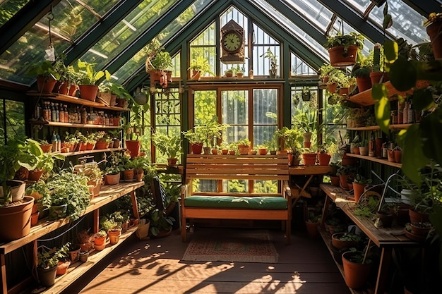 invernadero con estantes de plantas y herramientas para una buena jardinería