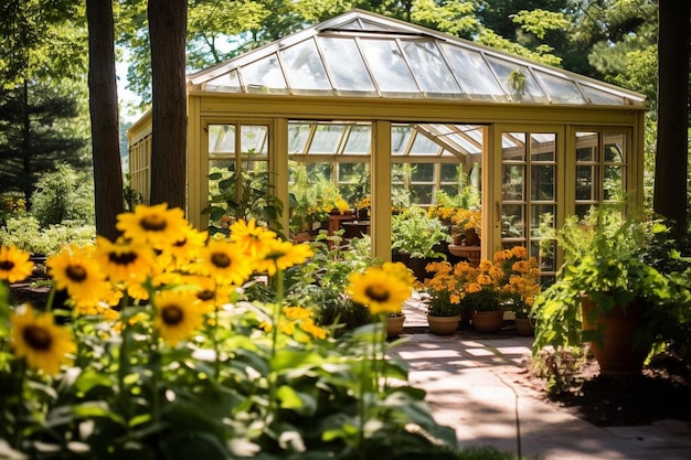 un invernadero con girasoles y una jardinera grande, amarilla y verde.