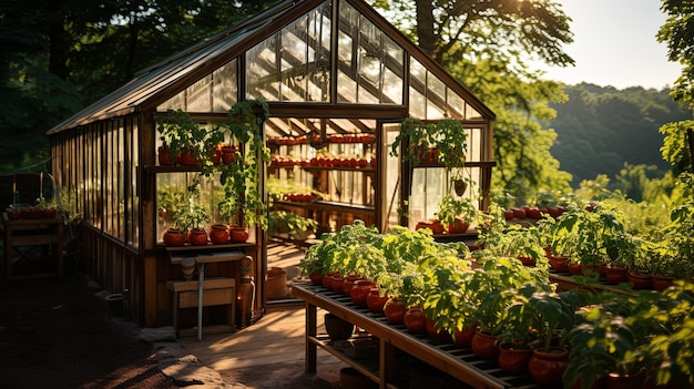 Invernadero en el huerto para el cultivo de tomates pepinos otras plantas en el jardín con vegetación verde en un soleado día de verano IA generativa