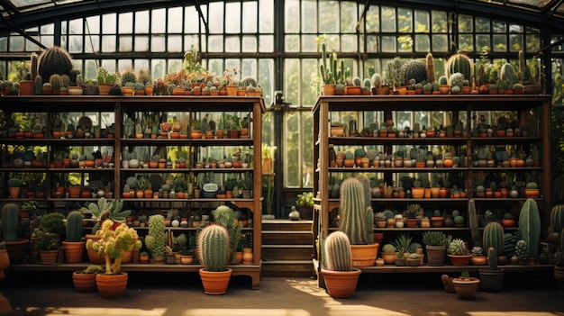 invernadero industrial de jardinería Varios tipos de cactus en varias ollas