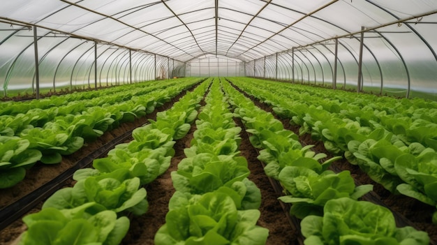 Un invernadero con lechuga creciendo en él.