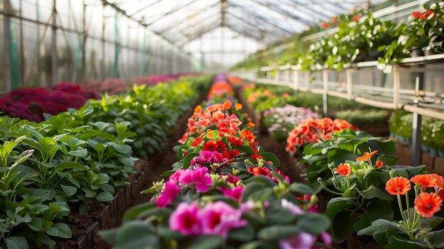 Un invernadero lleno de hermosas flores de varios colores Las flores están dispuestas en filas con cada fila que contiene flores del mismo color