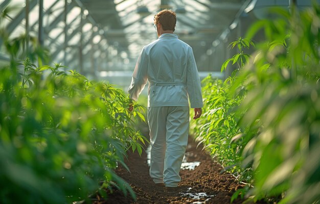 Foto en un invernadero de marihuana un científico examina las plantas de cáñamo