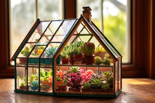Un invernadero en miniatura hecho a mano con suculentas brillantes en el interior