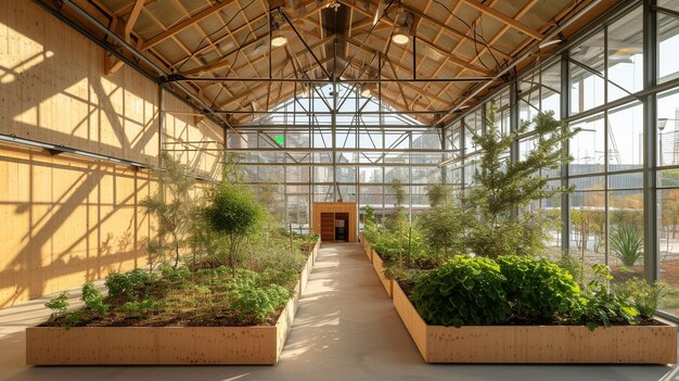 un invernadero con muchas plantas y una puerta que dice "jardín"