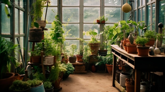 Invernadero con plantas jardinería interior IA generativa