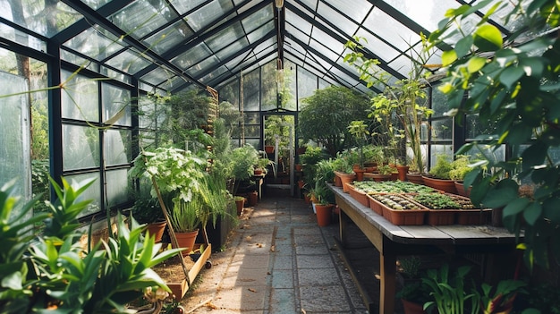 Foto un invernadero con plantas y plantas dentro de él