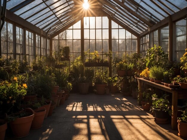 Invernadero bajo los rayos del sol con plantas en macetas