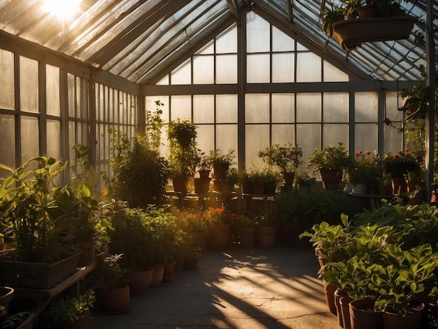 Foto invernadero en los rayos del sol con plantas verdes