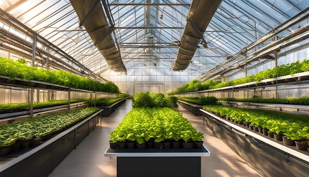 un invernadero con un techo verde y una plantación con un tejo verde