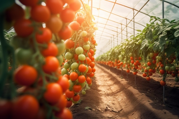 Un invernadero con tomates al fondo.