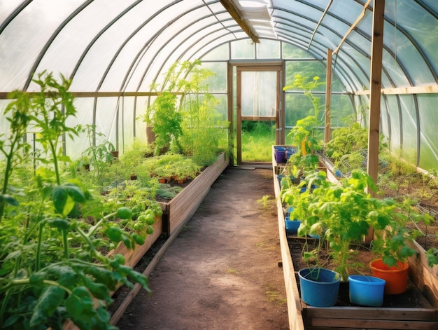 Invernadero con tomates, pepinos y hierbas en el jardín en un soleado día de verano Generado por la IA El concepto de jardinería de alimentos caseros saludables y productos ecológicos