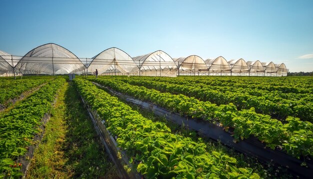 Invernadero utilizado para el cultivo de fresas en Karelia Invernaderos para plantas jóvenes de fresa en el campo Plantación de fresas Hileras largas