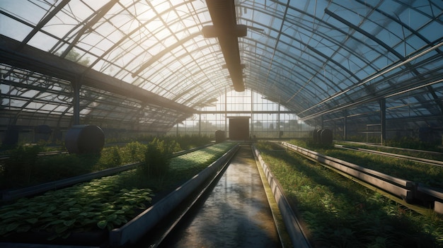 Un invernadero con vistas a las plantas que crecen en él.