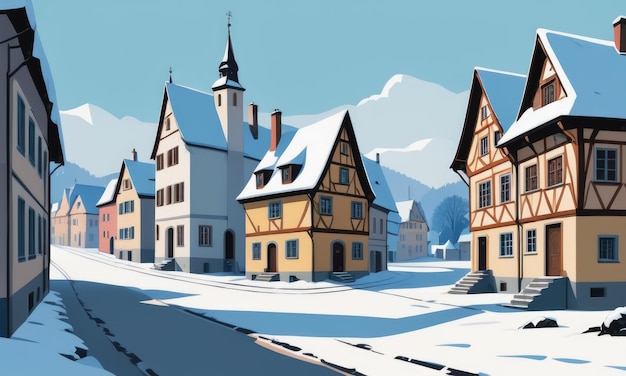 Inverno Alemanha cidade medieval rua paisagem de desenho animado antiga velha Europa edifício da cidade