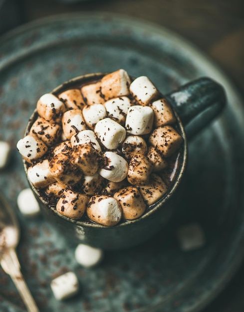 Inverno aquecendo chocolate quente com marshmallows na caneca