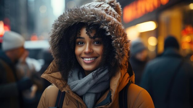 Inverno de retrato de jovem mulher no ombro em pé na rua da cidade à noite no fundo