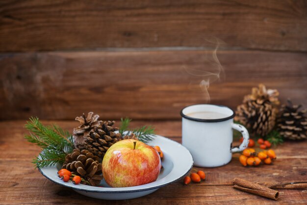 Inverno, fundo de Natal em estilo rústico. Uma tigela de metal vintage com uma maçã e pinhas