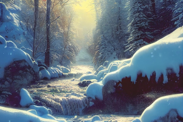 Inverno na floresta com árvores cobertas de neve e uma espetacular paisagem montanhosa brilhando ao sol