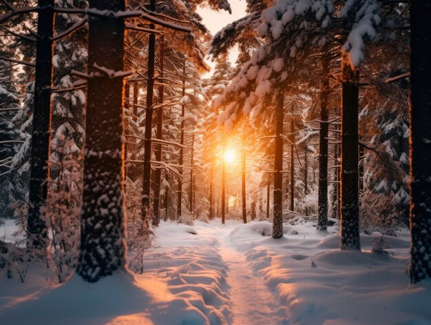 Inverno nevado bela floresta de coníferas perto do pôr-do-sol ramos sob a neve