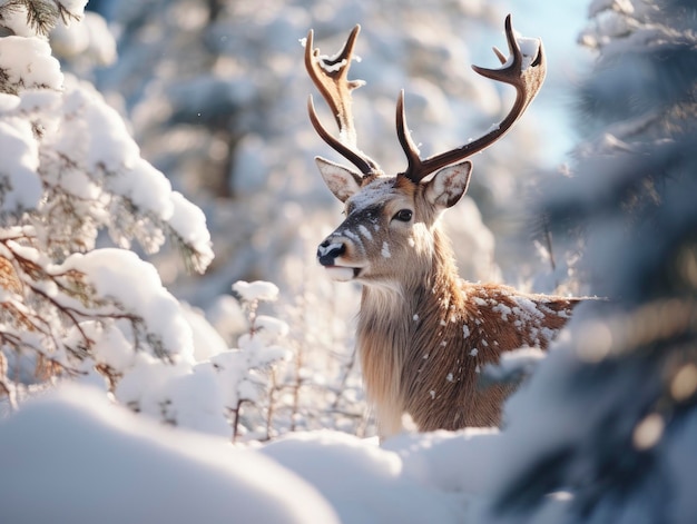 Inverno nevado belas renas em floresta de coníferas foto em close-up em um dia ensolarado