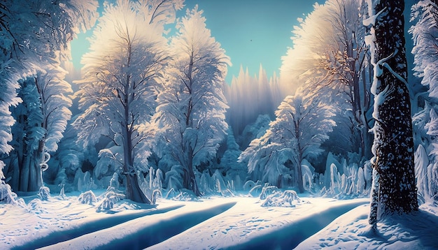 Inverno parque nevado pôr-do-sol gelado renderização 3d