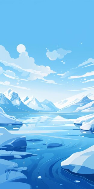 Inverno Ártico Uma ilustração detalhada de desenhos animados de icebergs e montanhas