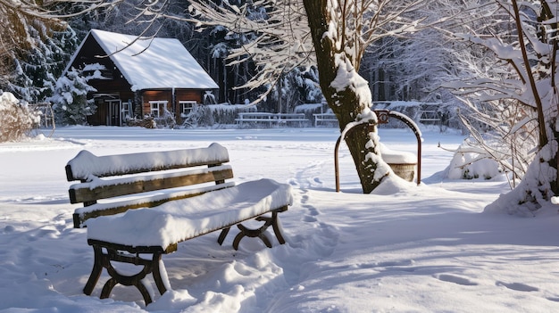 Inverno sereno abraça o banco encantador na neve e o poço místico no quintal