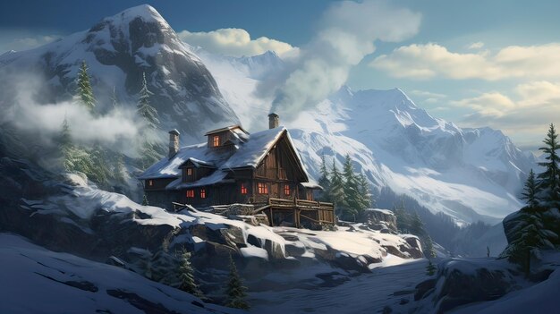 Invernos beleza conforto alpino retiro nevado ambiente quente tranquilo cena de tempo frio gerado por IA
