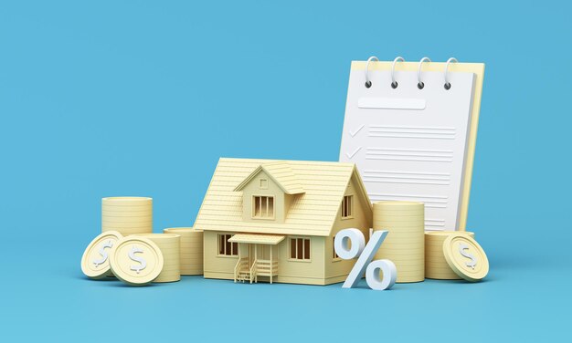Inversión en bienes raíces o seguros Tasa de préstamo hipotecario para la vivienda Concepto de ahorro de dinero para la jubilación Pila de monedas en billetes con modelo de casa de color con ilustración de renderización 3D de calculadora