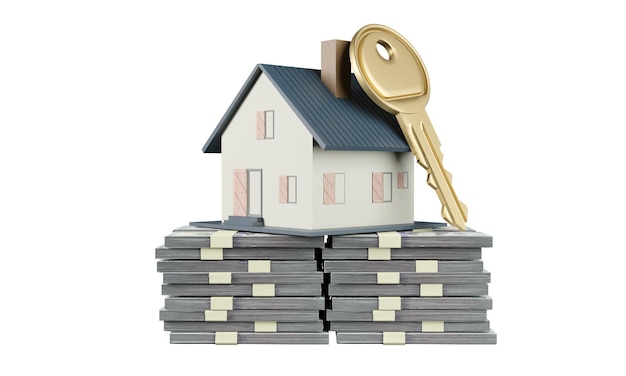 Inversión casa y llave con un montón de dinero en el columpio Inmobiliario negocio hipoteca inversión y préstamo financiero concepto de propiedad inmobiliaria recorte de camino 3D renderización