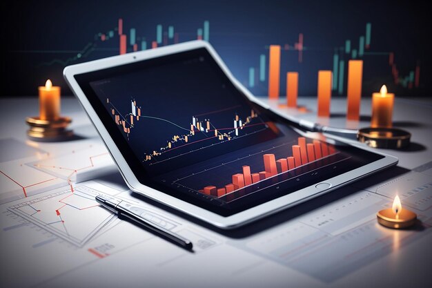 Inversión comercial crecimiento de las acciones en la tableta finanzas comercio de divisas tecnología de candelabros tendencias económicas gráfico estadísticas del mercado de valores