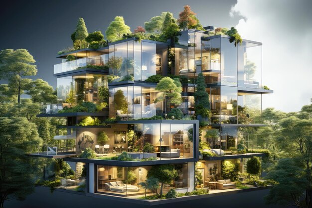 Inversión en el ecosistema urbano edificio de vidrio revestido de vegetación