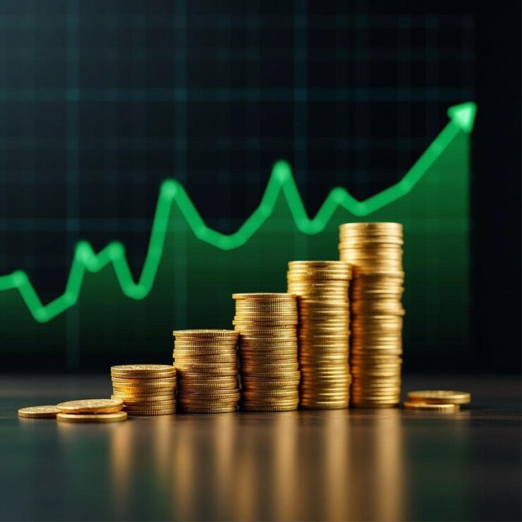 Inversión exitosa Monedas de oro apiladas y gráfico de mercado ascendente