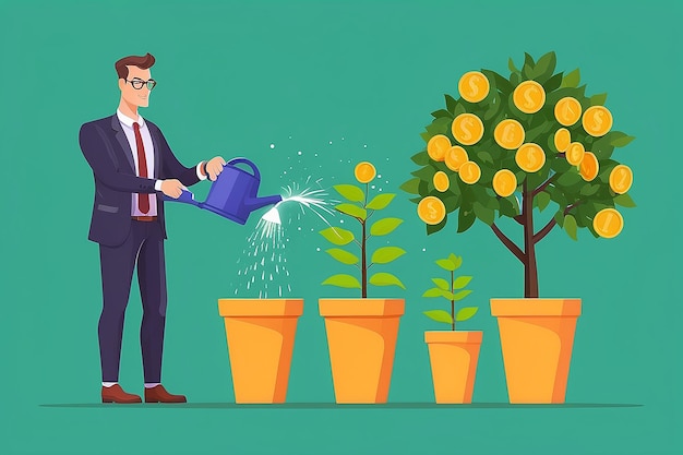 Inversión y financiación concepto de negocio de crecimiento Empresario poniendo una moneda en la olla de flores y regando el árbol de dinero verde