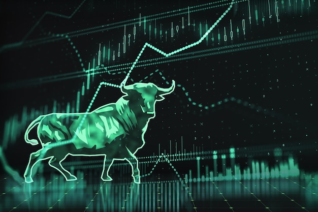 Inversión financiera y concepto de crecimiento del mercado de valores con símbolo de toro verde digital sobre fondo oscuro con diagrama de gráficos candelabro y números de datos representación 3D