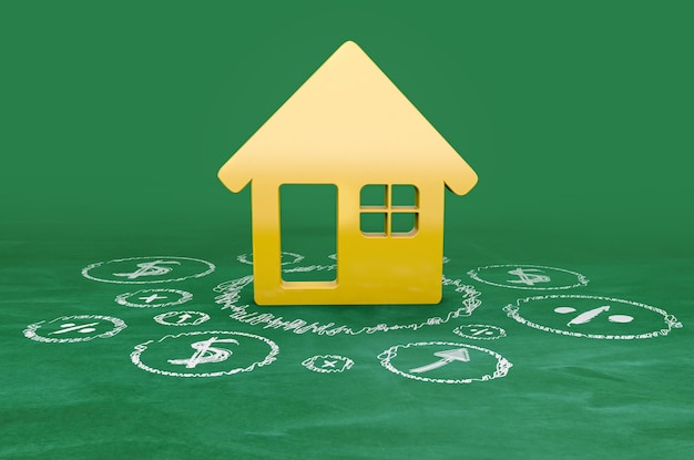 Inversión inmobiliaria en el fondo de la pizarra con garabatos e íconos relacionados con la economía financiera residencial Compra de vivienda Representación 3D
