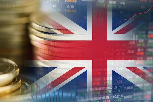 La inversión en el mercado de valores negocia monedas financieras y la bandera del Reino Unido o Forex para analizar los antecedentes de datos de tendencias comerciales de finanzas de ganancias