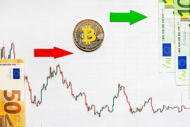 Inversión rentable de bitcoin de dinero virtual Flecha roja verde y Bitcoin plateado en el índice de gráfico de divisas en papel sube en el fondo del mercado de intercambio Concepto de apreciación de la criptomoneda