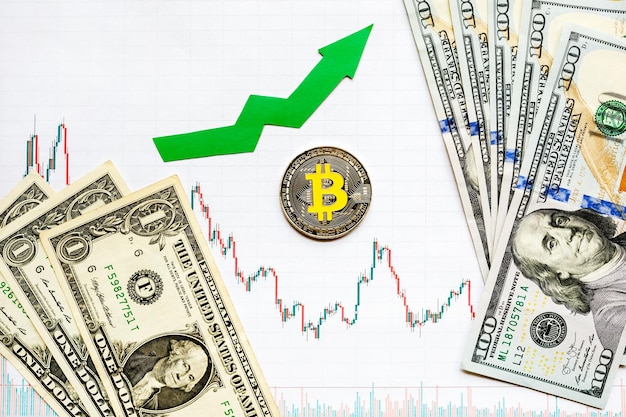 Inversión rentable de bitcoin de dinero virtual Flecha verde y Bitcoin de plata en la calificación del índice del gráfico de divisas en papel sube en el fondo del mercado de intercambio Concepto de apreciación de la criptomoneda