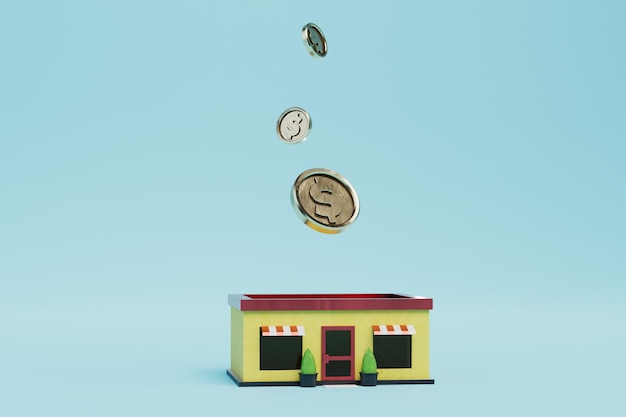 Las inversiones en pequeñas empresas compran y monedas en dólares en un render 3D de fondo azul