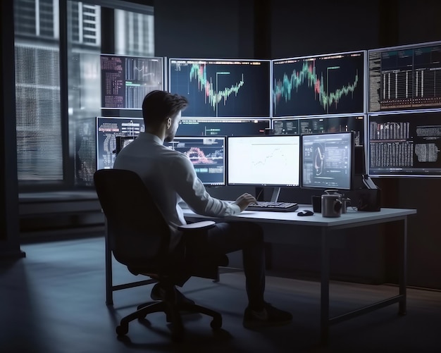Inversor comerciante profesional sentado en el escritorio y mirar grandes pantallas de gráficos comerciales