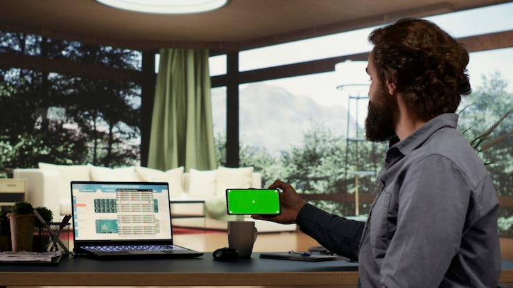 Foto inversor financiero rico usando pantalla verde en un dispositivo móvil