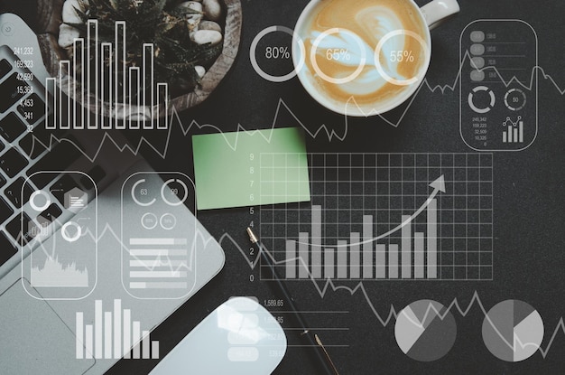 Los inversores analizan los informes del mercado de valores y los tableros financieros con inteligencia de negocios Análisis de planes de marketing y gráficos y gráficos de crecimiento de negocios