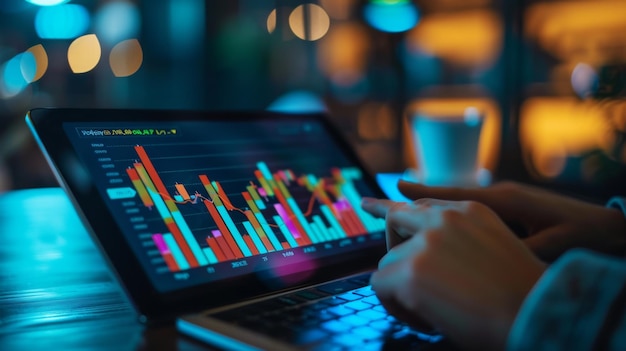 Foto investidor a estudar um gráfico de barras dos preços do ouro num tablet a analisar as tendências e padrões do mercado