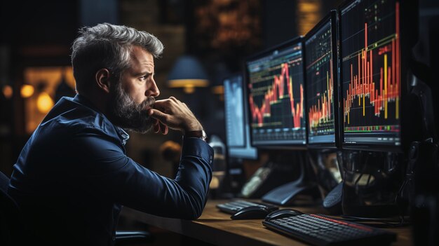 Foto investidor com um comportamento sério concentra-se em gráficos de análise de mercado de ações em monitores de computador tarde