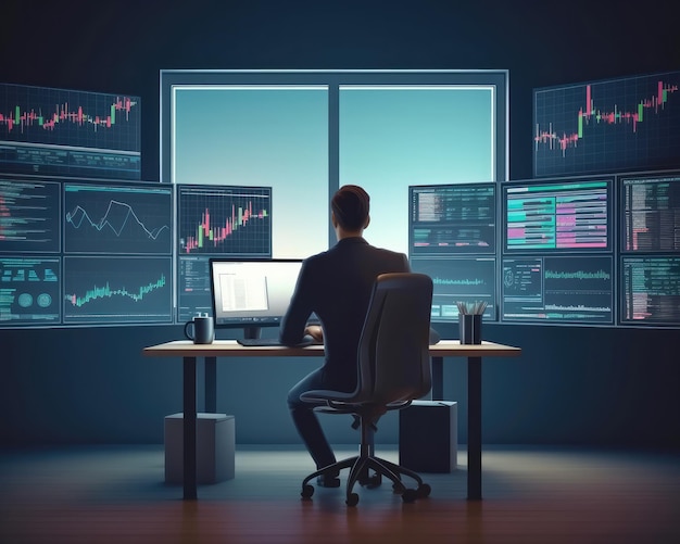 Investidor trader profissional sentado na mesa e olhando para grandes telas de gráficos de negociação