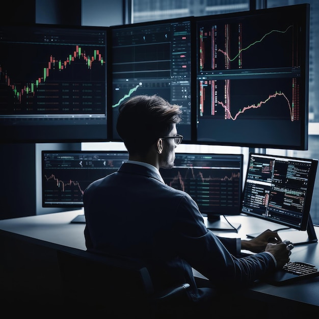 Investidor trader profissional sentado na mesa e olhando para grandes telas de gráficos de negociação