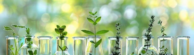 Foto a investigación biotecnológica con muestras de plantas en frascos de laboratorio